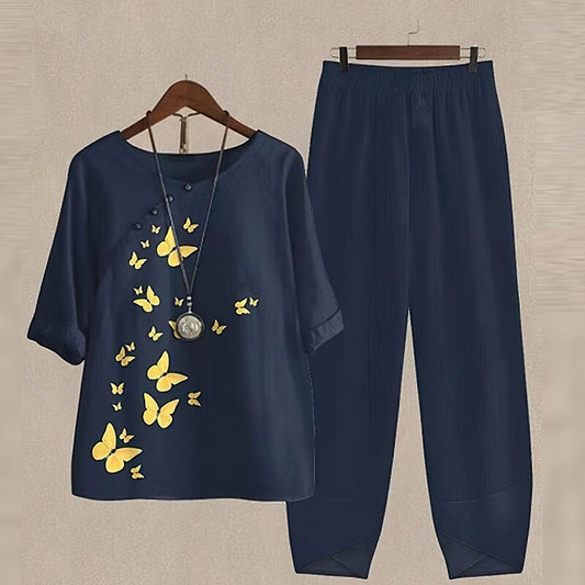 Women's Two-Piece Set – Loose Fit – Breathable Fabric – Short-Sleeve Top & Wide-Leg Pants