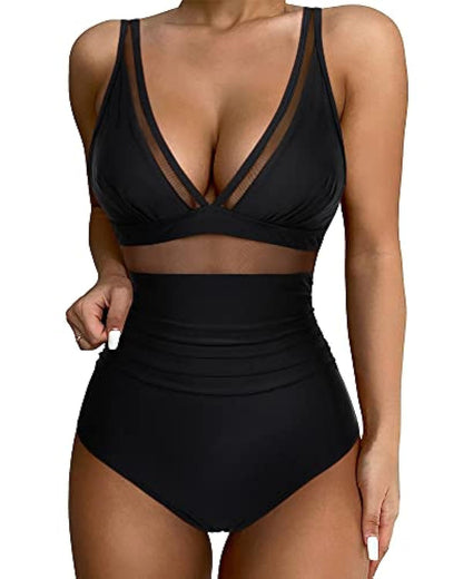 Women's swimsuit – Plunging neckline – Mesh details – High-cut fit
