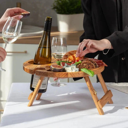 Portable Oak Wood Wine Table With Foldable Legs