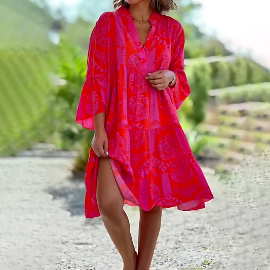 Women's Midi Dress – Loose Fit – Breathable Fabric – Three-Quarter Sleeves – V Neck