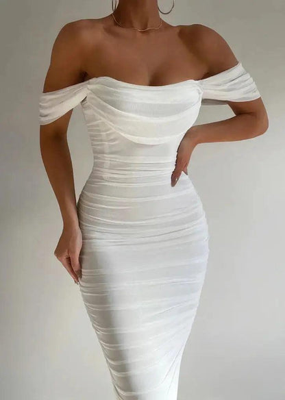 Women's midi dress – Fitted cut – Bare shoulders – Draped sleeves – Elegant ruching