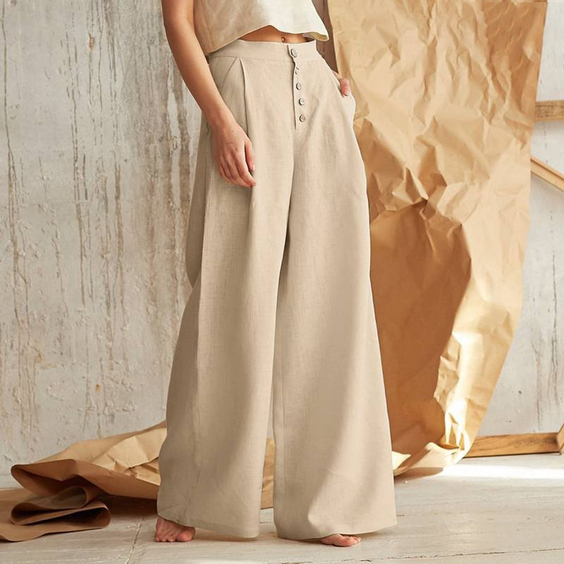 Women's High-Waisted Button Front Wide-Leg Pants – Relaxed Casual Style