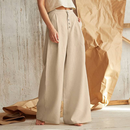 Women's High-Waisted Button Front Wide-Leg Pants – Relaxed Casual Style