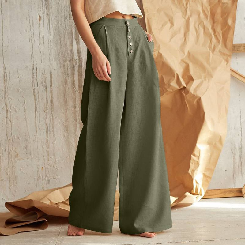 Women's High-Waisted Button Front Wide-Leg Pants – Relaxed Casual Style