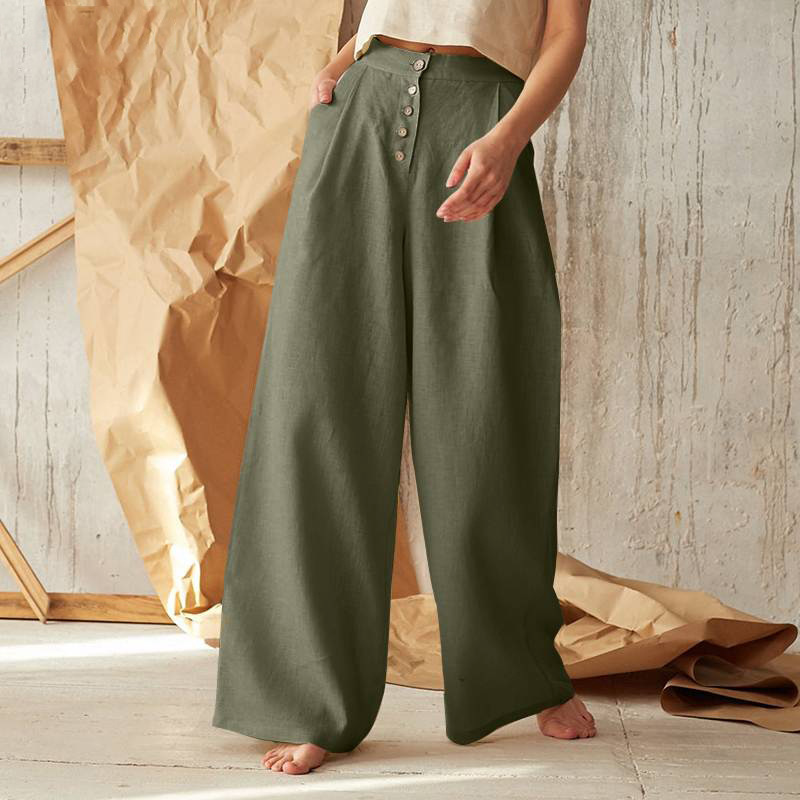 Women's High-Waisted Button Front Wide-Leg Pants – Relaxed Casual Style