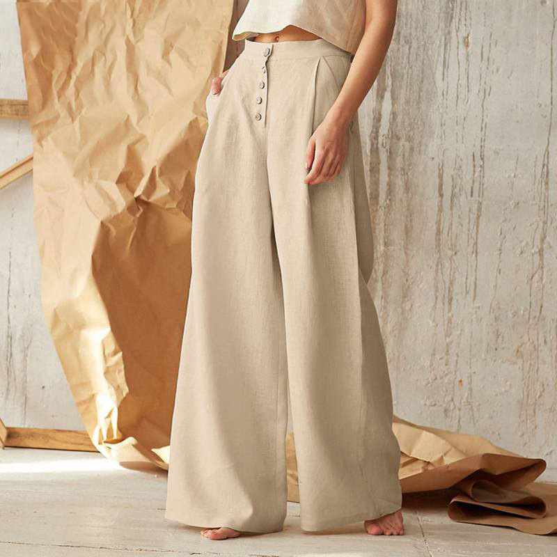Women's High-Waisted Button Front Wide-Leg Pants – Relaxed Casual Style
