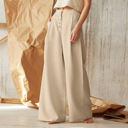 Women's High-Waisted Button Front Wide-Leg Pants – Relaxed Casual Style