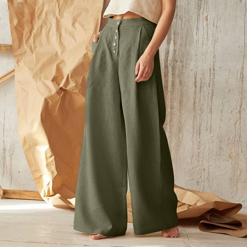 Women's High-Waisted Button Front Wide-Leg Pants – Relaxed Casual Style