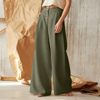 Women's High-Waisted Button Front Wide-Leg Pants – Relaxed Casual Style