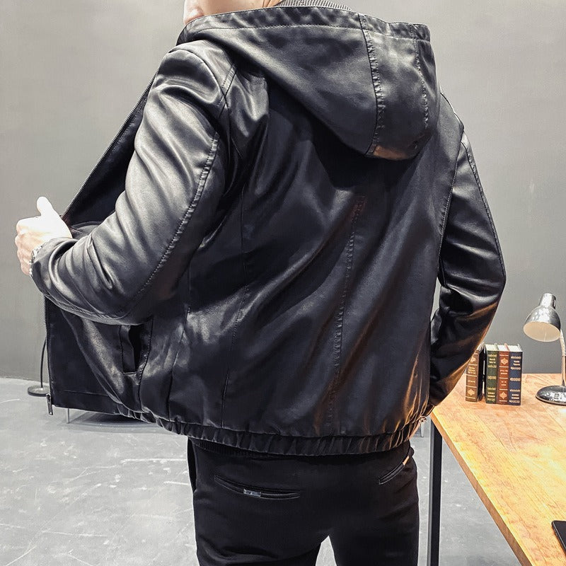 Veste à capuche homme – Coupe slim – Aspect cuir lisse – Fermeture zippée – Longueur hanches