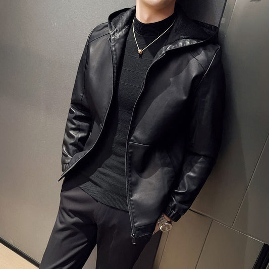 Veste à capuche homme – Coupe slim – Aspect cuir lisse – Fermeture zippée – Longueur hanches