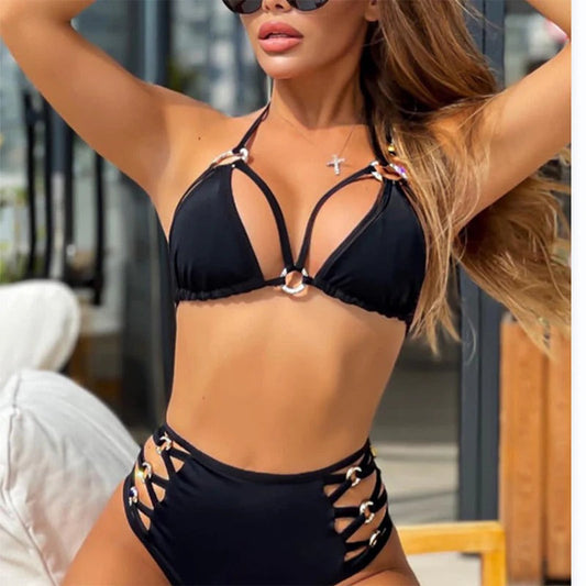 Women's Bikini – Two-Piece Set – High Waist – Adjustable Straps – Buckle Details