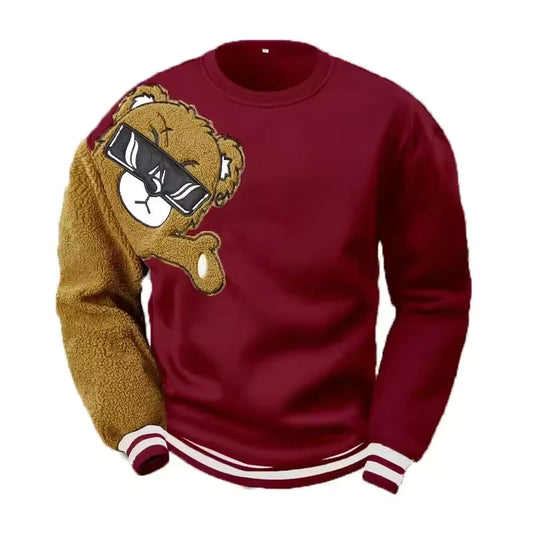 Sweatshirt homme – Coupe décontractée – Coton – Motif ours brodé – Manches texturées