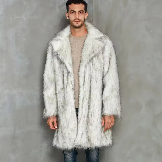 Manteau long homme – Fausse fourrure – Coupe oversize – Revers crantés – Ouvert devant
