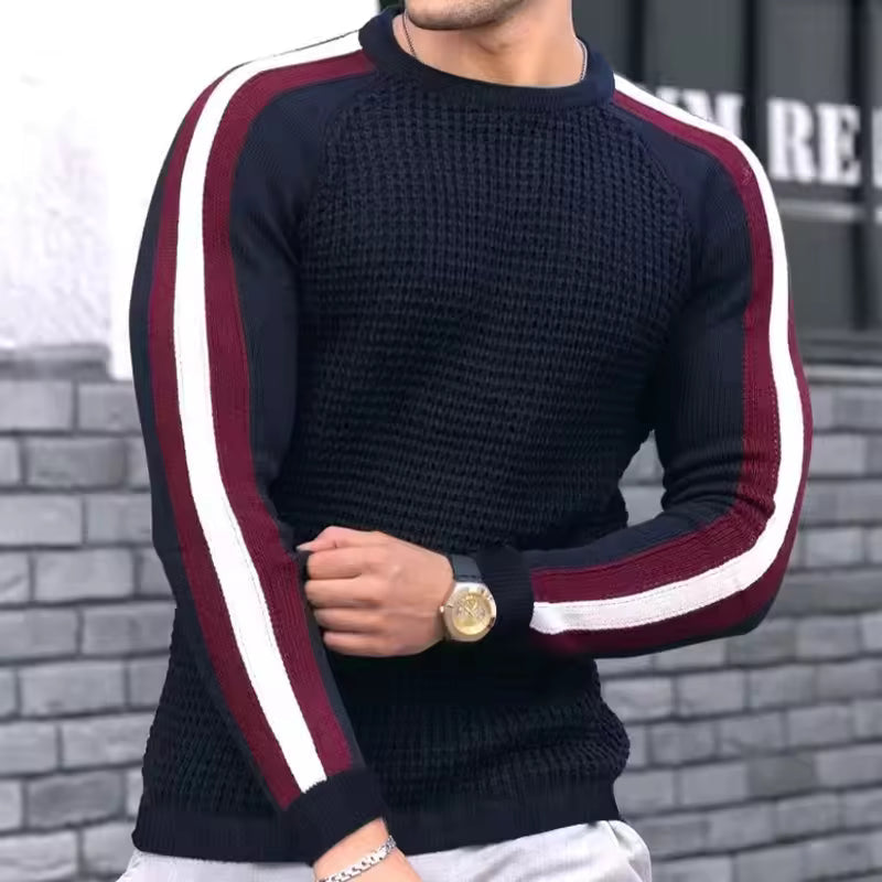 Pull homme – Coupe slim – Maille texturée – Laine mélangée – Détail rayé manches
