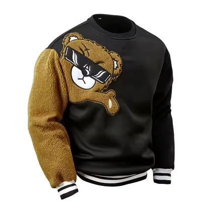 Sweatshirt homme – Coupe décontractée – Coton – Motif ours brodé – Manches texturées