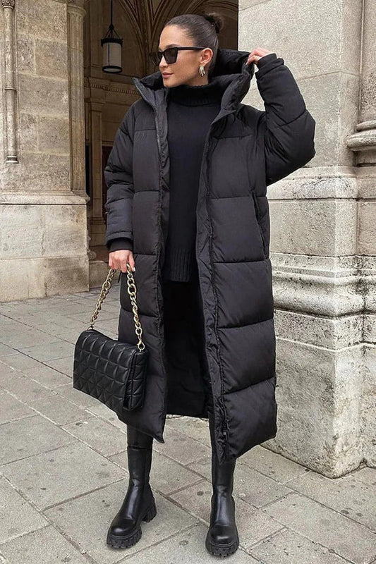 Women's Winter Jacket - Quilted Textured - Oversized Cut - Hooded - Ankle Length