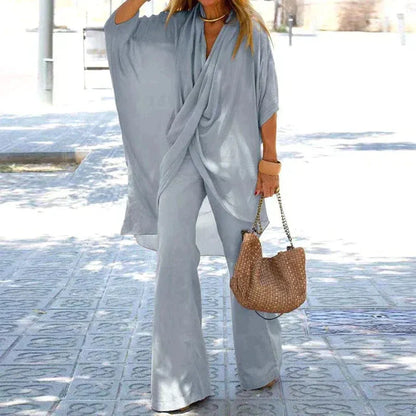 Ensemble Femme – Haut Drapé Asymétrique – Pantalon Large – Coupe Ample – Touche Coton