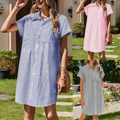 Women's Shirt Dress – Cotton – Relaxed Fit – Short Sleeves – Buttoned – Knee Length