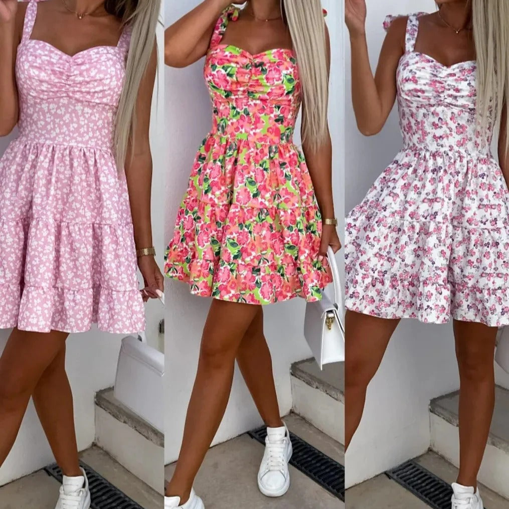 Women's mini dress – Flared cut – Floral print – Ruffled skirt