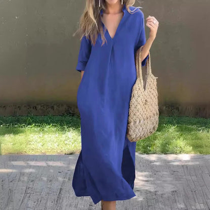 Women's long dress – Loose fit – Lightweight cotton – V-neck – Mid-length sleeves