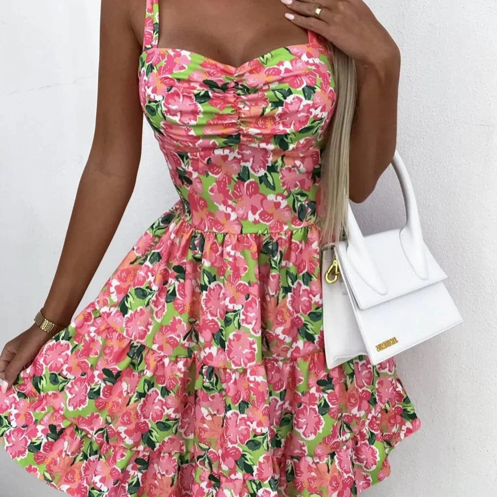 Women's mini dress – Flared cut – Floral print – Ruffled skirt