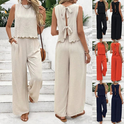 Women's two-piece set – Textured fabric – Cropped tie-back top – Wide-leg pants