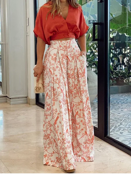 Women’s Two-Piece Set – Batwing Top & High-Waist Wide-Leg Pants