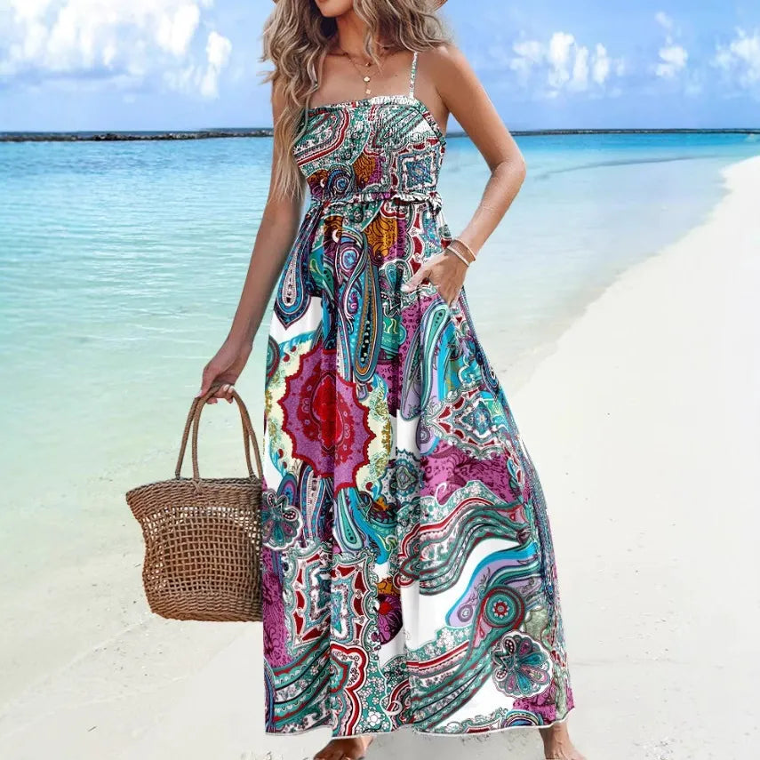 Women's long dress – Light cotton – Flowing cut – Open back – Bohemian print