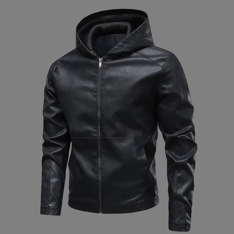 Veste à capuche homme – Coupe slim – Aspect cuir lisse – Fermeture zippée – Longueur hanches