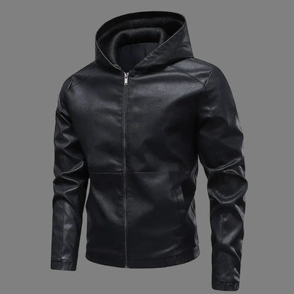 Veste à capuche homme – Coupe slim – Aspect cuir lisse – Fermeture zippée – Longueur hanches