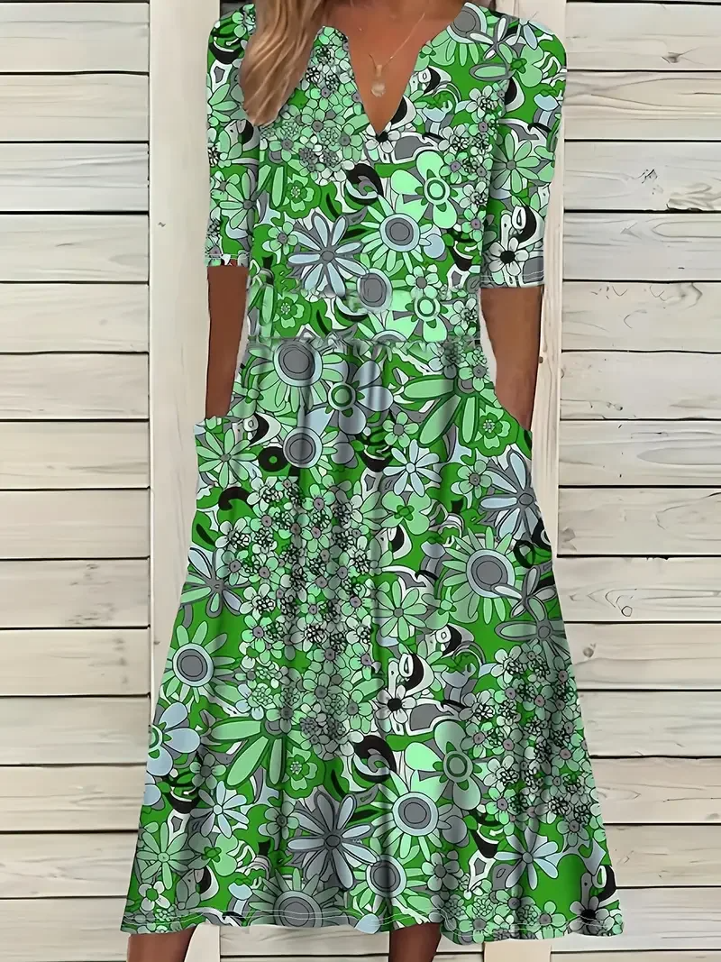 Women's long dress – Flared cut – V-neck – Short sleeves – Floral print – Breathable fabric