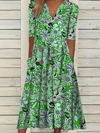 Women's long dress – Flared cut – V-neck – Short sleeves – Floral print – Breathable fabric