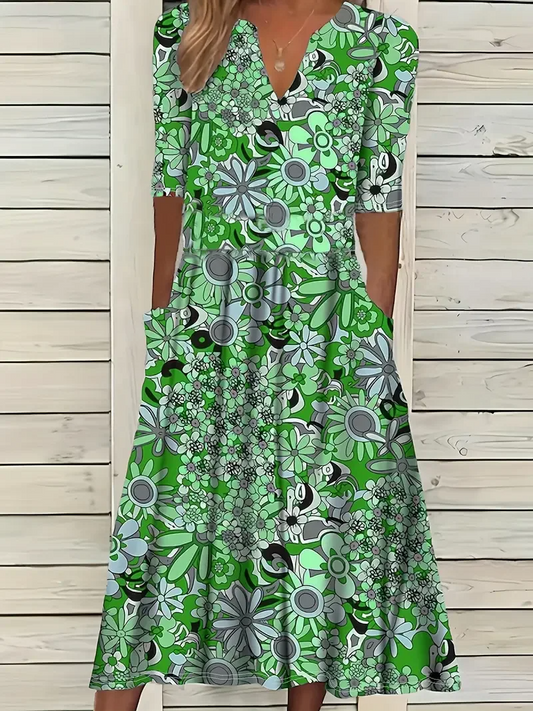 Women's long dress – Flared cut – V-neck – Short sleeves – Floral print – Breathable fabric