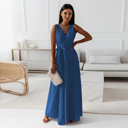 Women's long dress – Wrap neckline – Tie waist – Sleeveless – Luxurious fabric