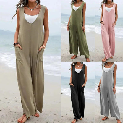 Women's jumpsuit – Lightweight cotton – Relaxed fit – Sleeveless – V-neck – Large pockets
