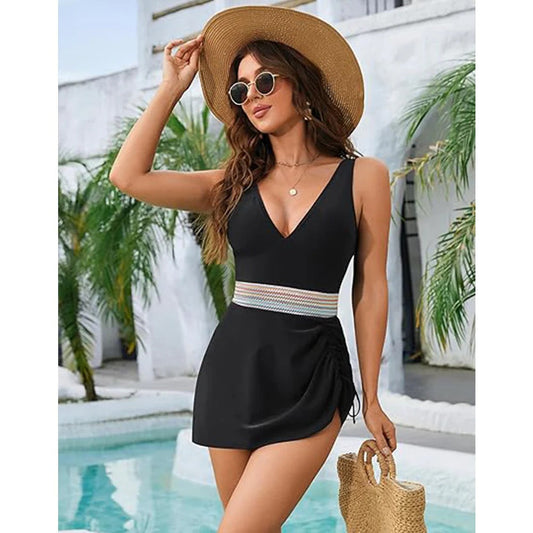 Women's one-piece swimsuit – V-neck – Side ruching – Sculpting belt – Stretch fit