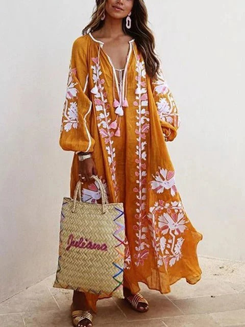 Robe caftan femme – Coupe ample fluide – Coton léger – Broderie florale élégante
