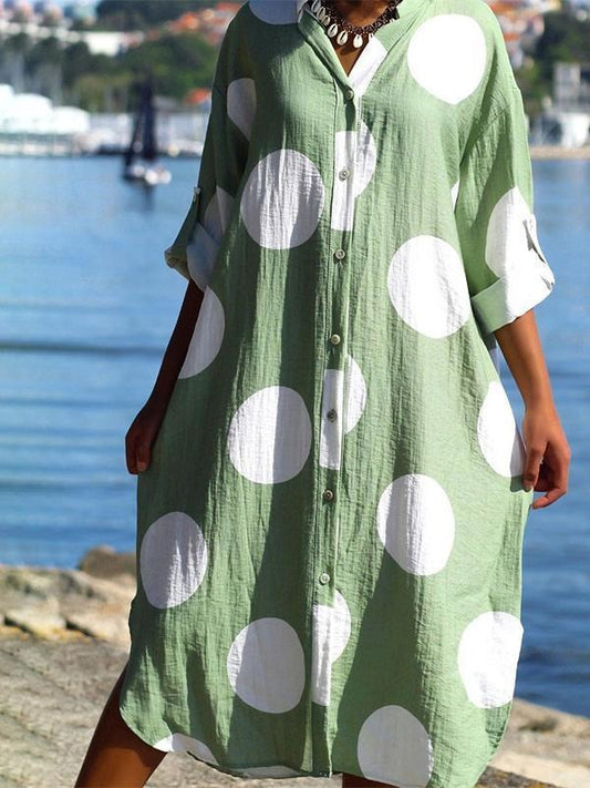 Robe chemise femme – Coupe oversize – Coton léger – Imprimé à pois – Longueur midi