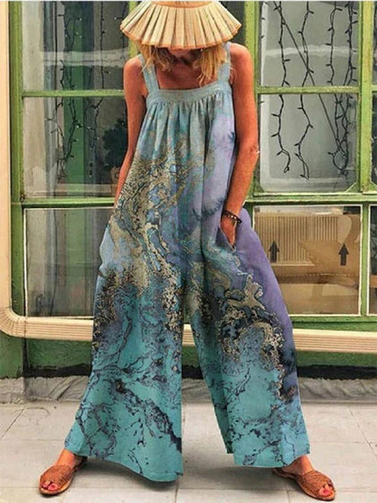 Women's overalls – Artistic print – Loose fit – Breathable fabric – Without sleeves