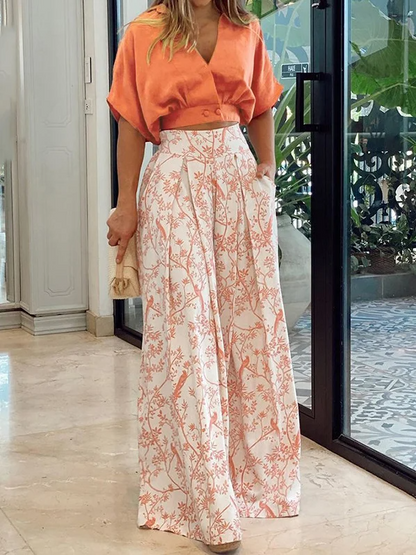 Women’s Two-Piece Set – Batwing Top & High-Waist Wide-Leg Pants