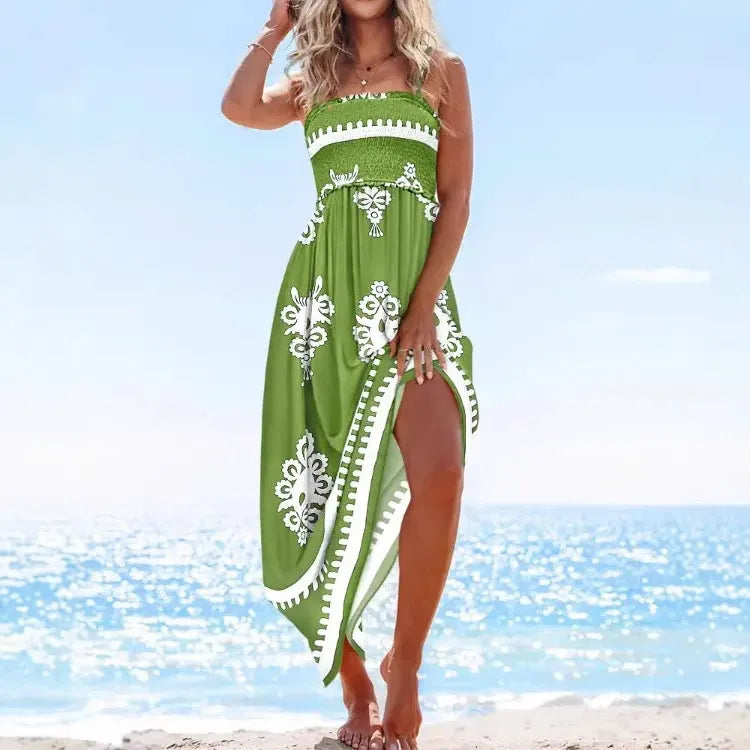 Women's long dress – Light cotton – Flowing cut – Open back – Bohemian print