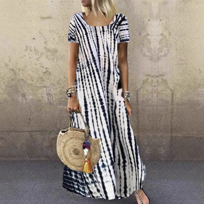 Women's long dress – Loose fit – Tie-dye print – Short sleeves