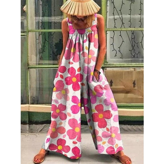 Women's jumpsuit – Loose fit – Floral print – Adjustable straps – Lightweight fabric