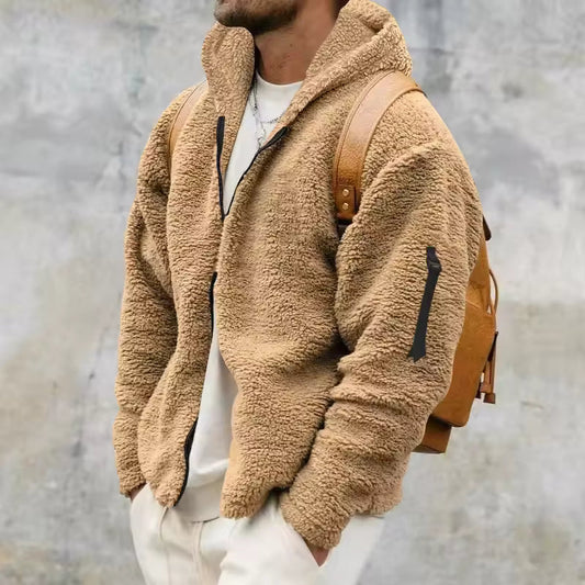 Men's coat in polar fleece – Oversized cut – Hood – Zip closure – Sleeve pocket