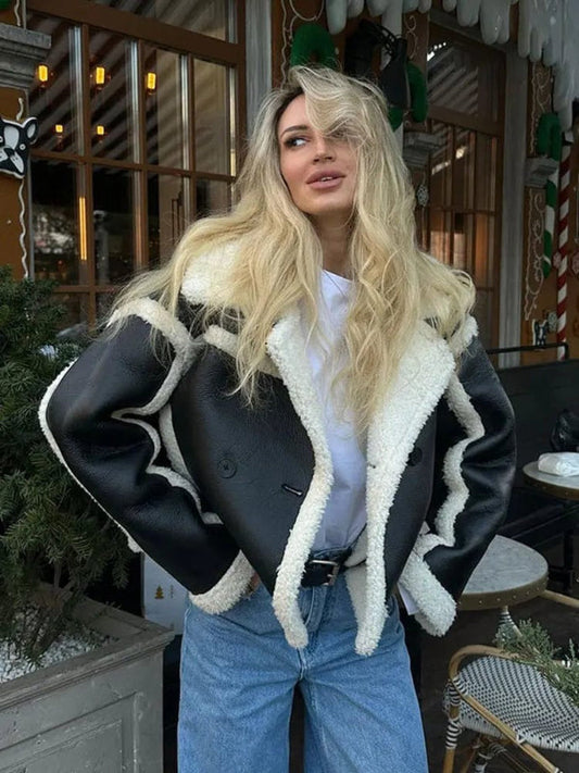 Veste femme ample – Coupe courte – Fausse fourrure – Col large – Style décontracté