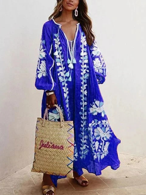 Robe caftan femme – Coupe ample fluide – Coton léger – Broderie florale élégante