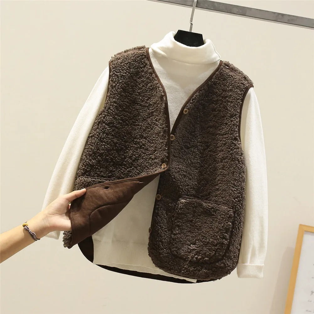 Women's Vest - Sherpa Fleece - V-Neck - Sleeveless - Front Buttons