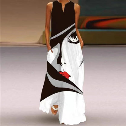 Women's long dress – Relaxed fit – Cotton fabric – V-neck – Pockets – Floral and butterfly print