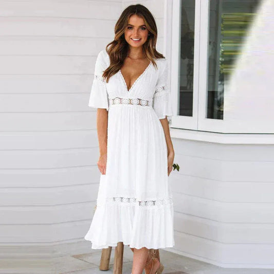 Robe midi femme – Coton – Coupe fluide – Décolleté en V – Manches courtes – Détails crochet
